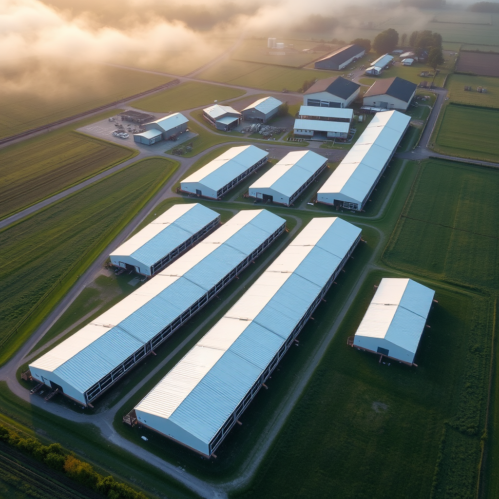 Dairy farm operation with milking parlor and herd
