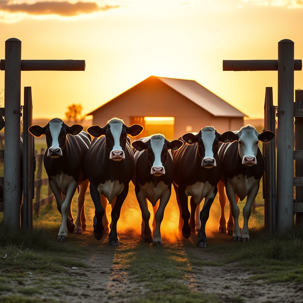 Dairy herd gathered at the barn at sunset